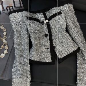 Elegant Women's Tweed Jacket - Black and Silver